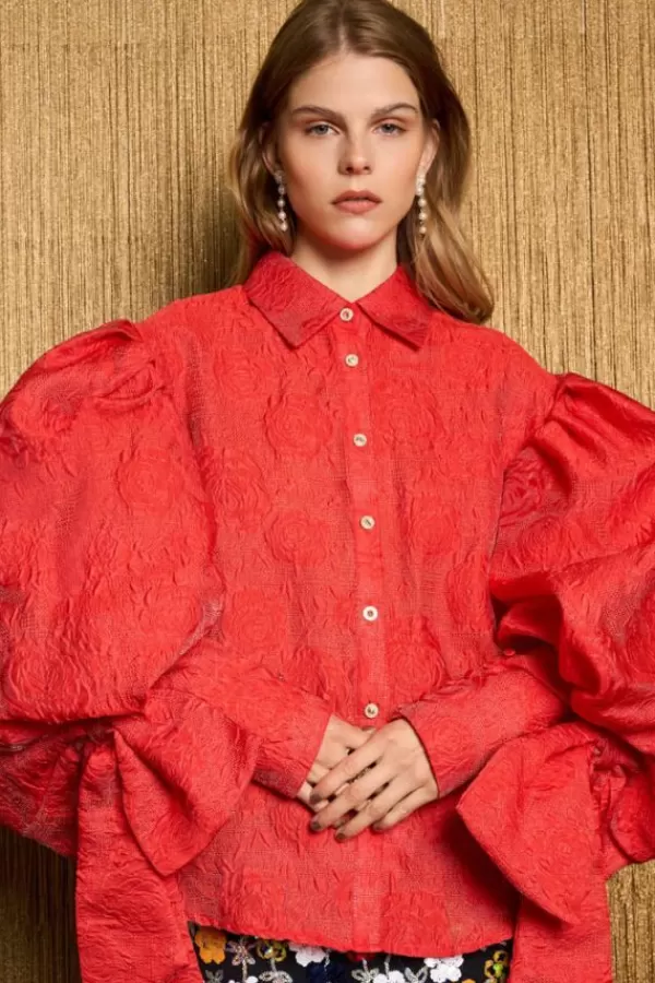 Sister Jane Barbara Jacquard Bow Blouse | Poppy Red Cheap