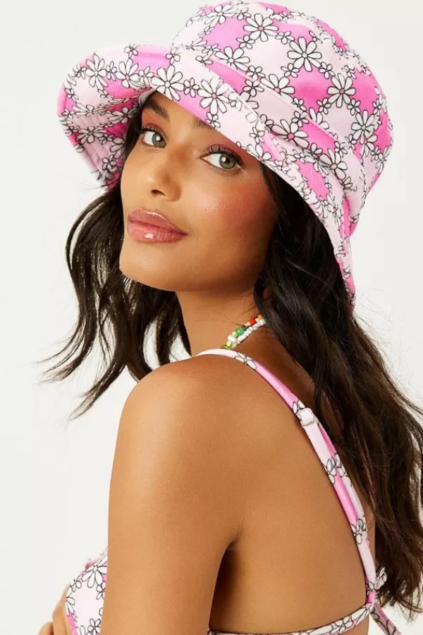 Frankies Jax Terry Bucket Hat Pink Daisy Print Clearance