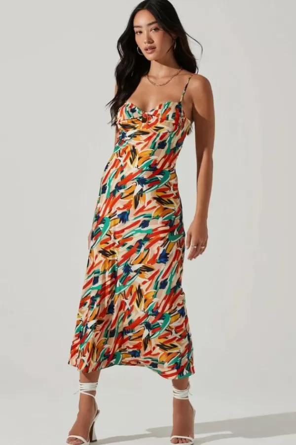 ASTR The Label Mariela Abstract Satin Midi Dress | Orange Green Multi Best